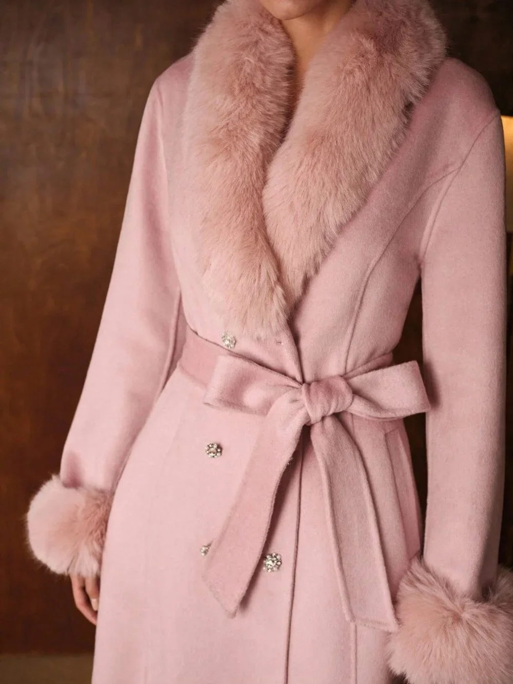 Baby Pink Elegant Women's Collar Cinched Waist Fitted Mid-Length Belted Overcoat